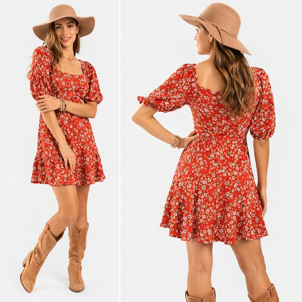 Miami Milkmaid Mini Dress Size M Red Smocked Square Neck Puff Sleeve Cottage
